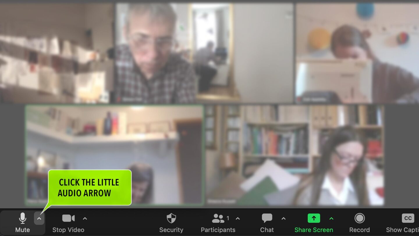 Part one of the Audio settings guide for Zoom: Click the small arrow next to the Mute icon to reveal the settings menu