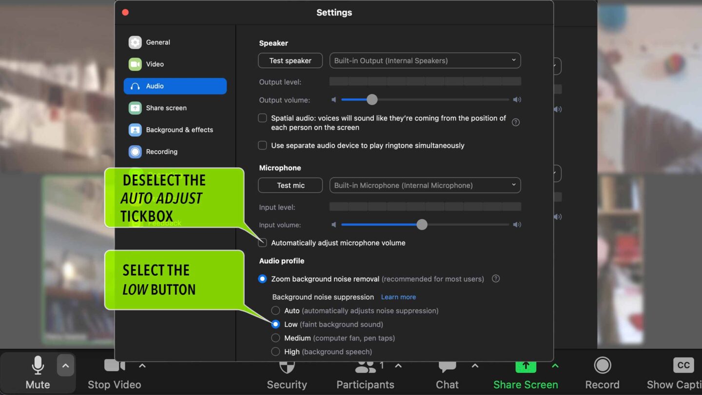 Part three of the Audio settings guide for Zoom. Image shows the Audio settings dialogue box and indicates that you should: 1. Deselect the ‘Automatically adjust microphone volume’ tickbox 2. Under 'Audio Profile' you should click on the Zoom optimized audio radio button AND under 'Zoom background noise removal' click on the LOW radio button