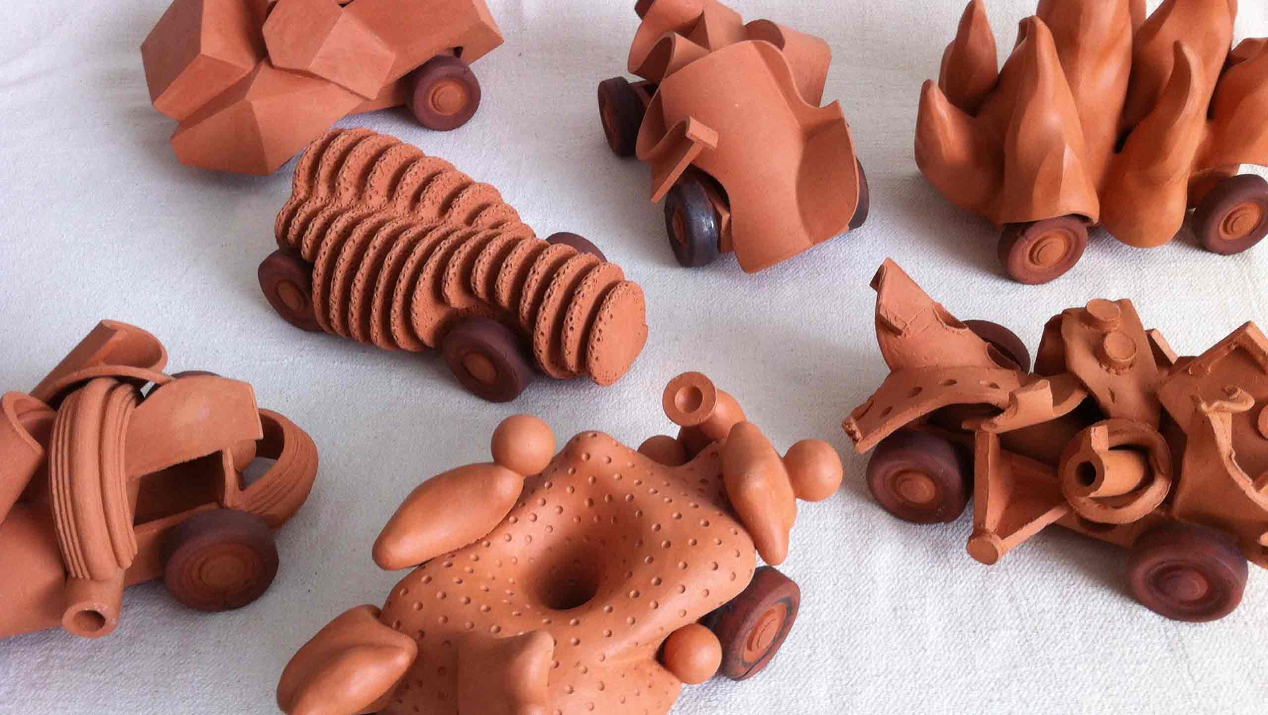 "Autobiography", a set of nine terra cotta vehicles each with their own characteristics such as: Fire, Biscuits, Boxes, Junkyard, Extrusions, Soft and round.
