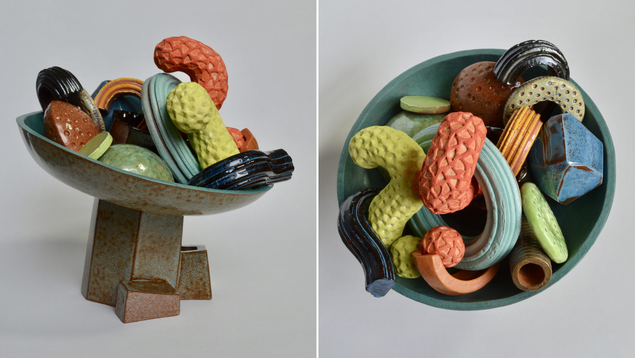 Cornucopia - a ceramic still-life by artist Simon Fell. Double shot of a group of highly coloured geometric objects in a bowl on a stand
