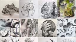A grid of thumbnails of examples of drawing made by Simon Fell during the 100dayproject2021