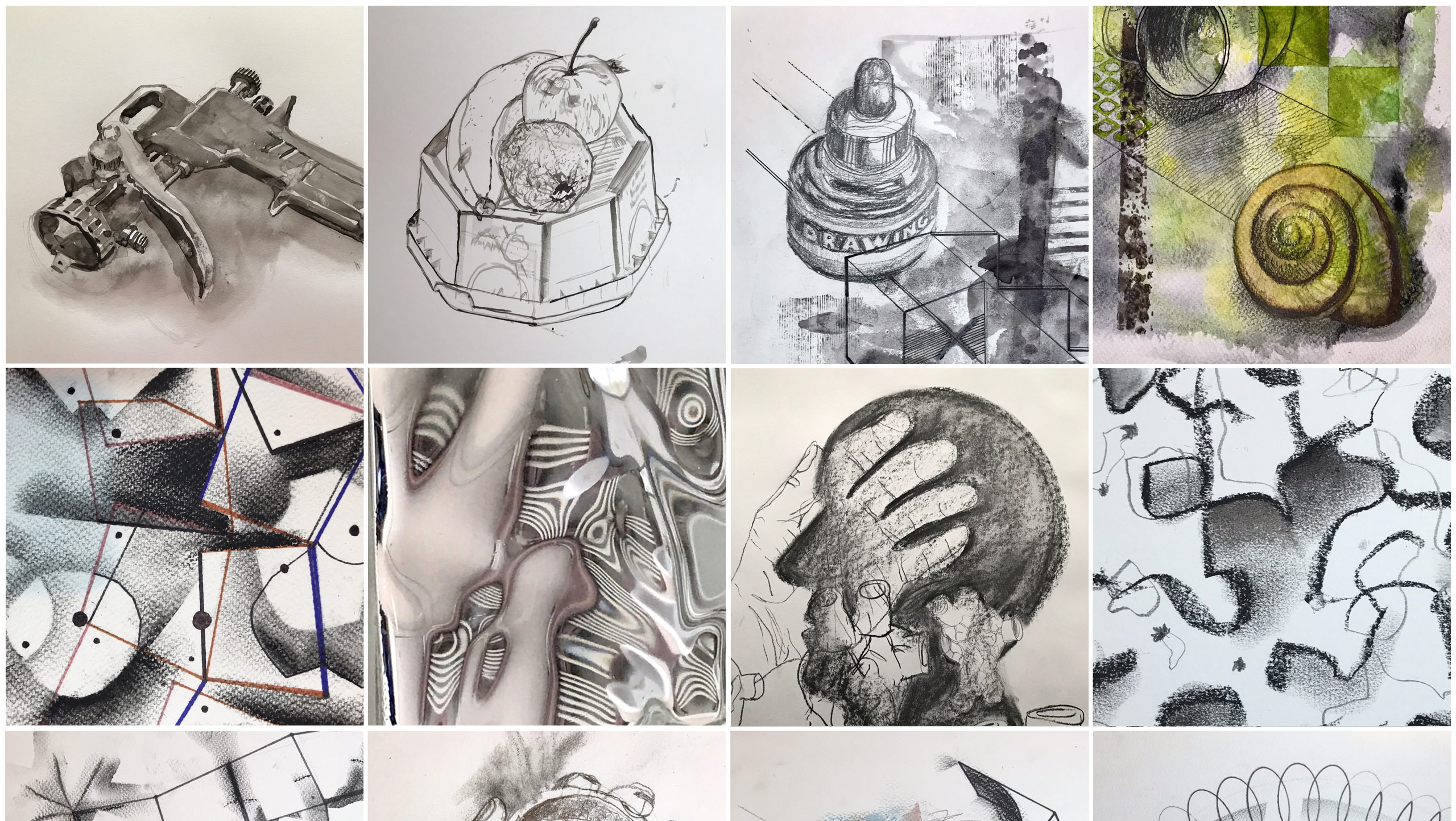 A grid of thumbnails of drawings made by Simon Fell during the 100dayproject2021