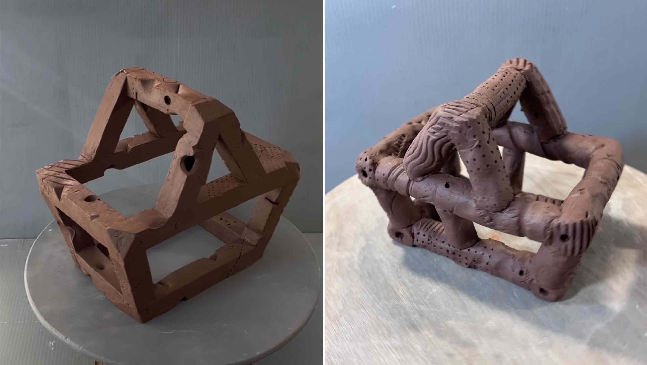 Two photographs of shopping baskets made of clay by contemporary artist Simon Fell