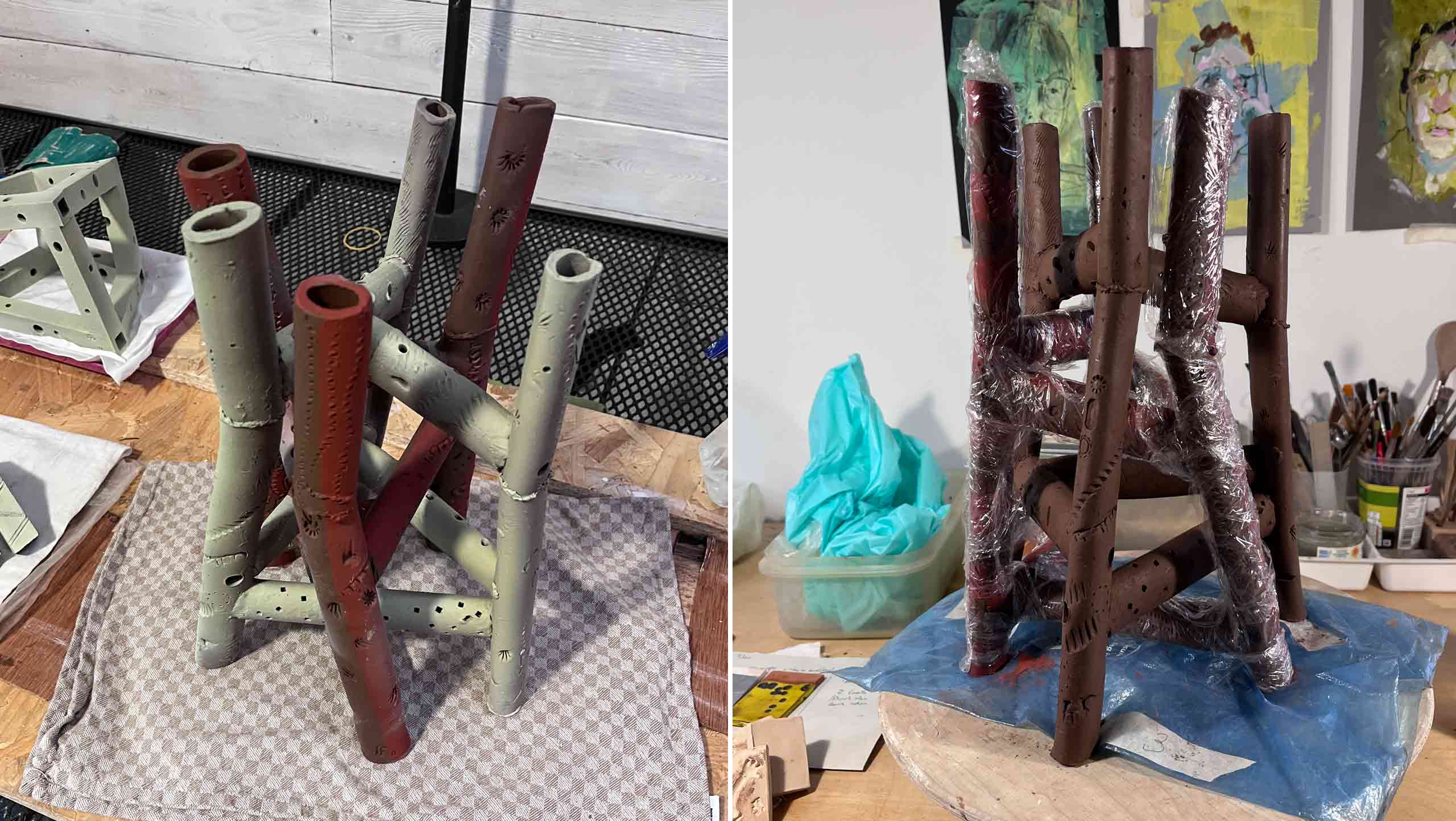 Work in progress on two inter-twined tripod forms made of extruded tubes. On the right one tripod is masked with clig-film so I can spray the other with yellow slip (liquid coloured clay)