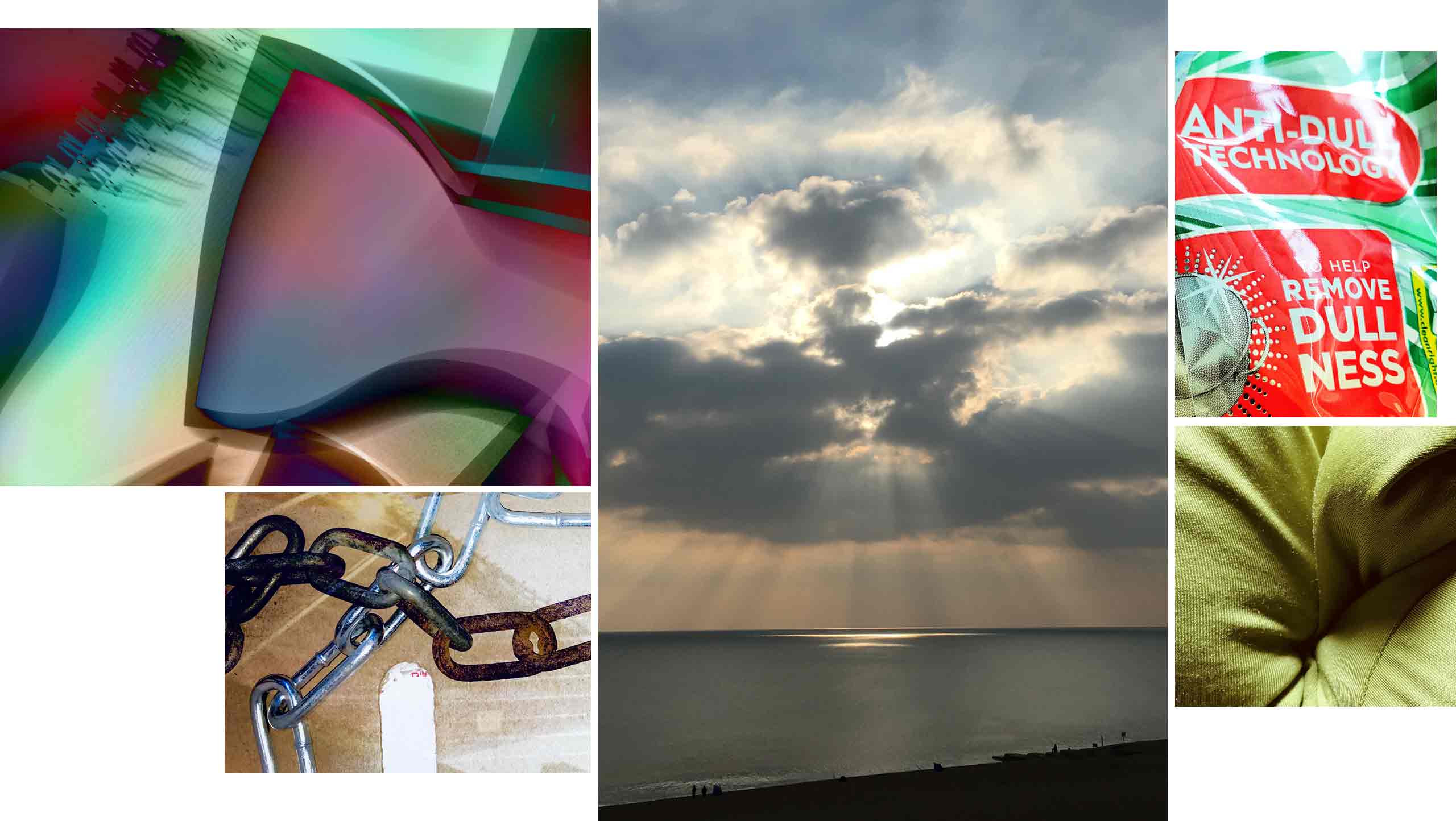 A collage of inspiring things, sun filtered by clouds over the sea, chains, packaging, soft furnishing and paper cut-out shapes multiple exposed.