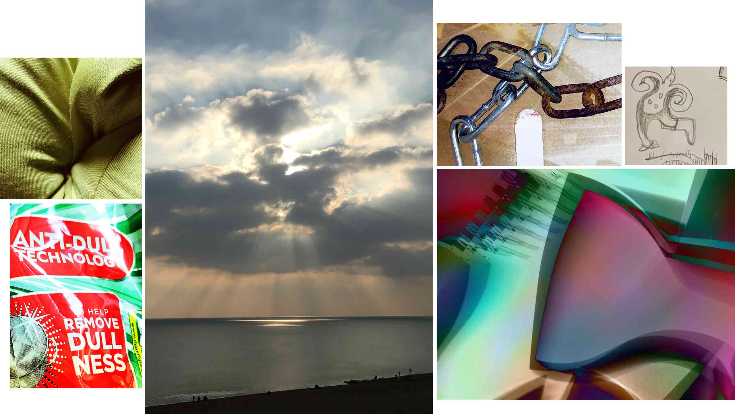 A collage of inspiring things, sun filtered by clouds over the sea, chains, packaging, soft furnishing and paper cut-out shapes multiple exposed, a drawing of a figure in a space suit.