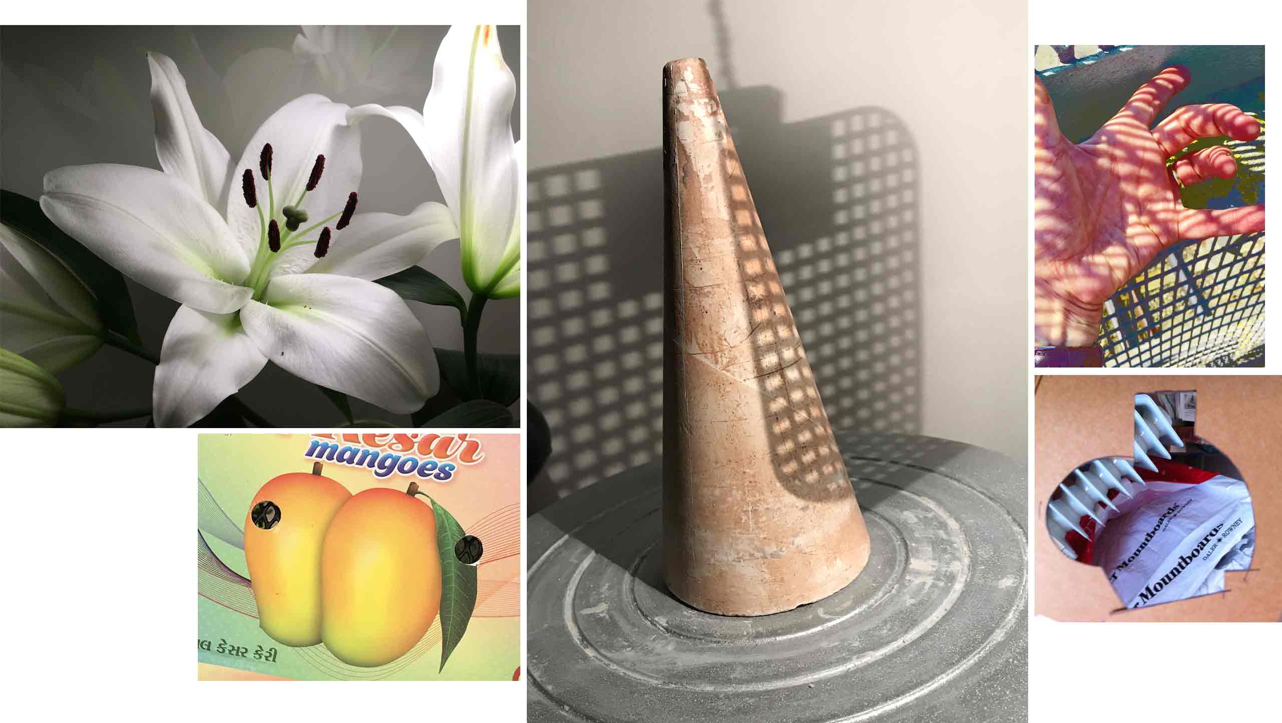 A collage of inspirational images: Shadows on a plaster cone, White lilies, Mango packaging, A hand in front of a grid, an irregular shaped hole with household objects behind