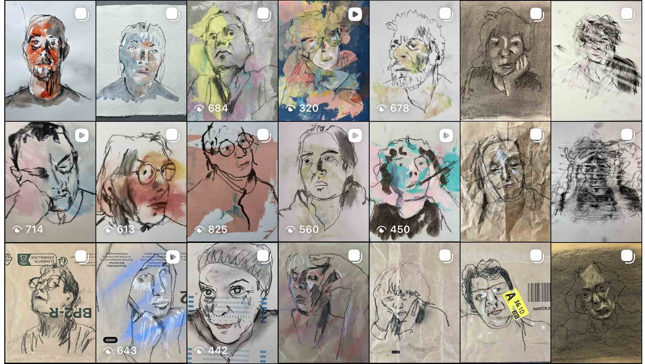 A grid of 21 portrait drawings in three rows of seven. A series of thumbnail images taken from Instagram profile page showing drawings made with DrawingisFree at online Zoom drawing sessions