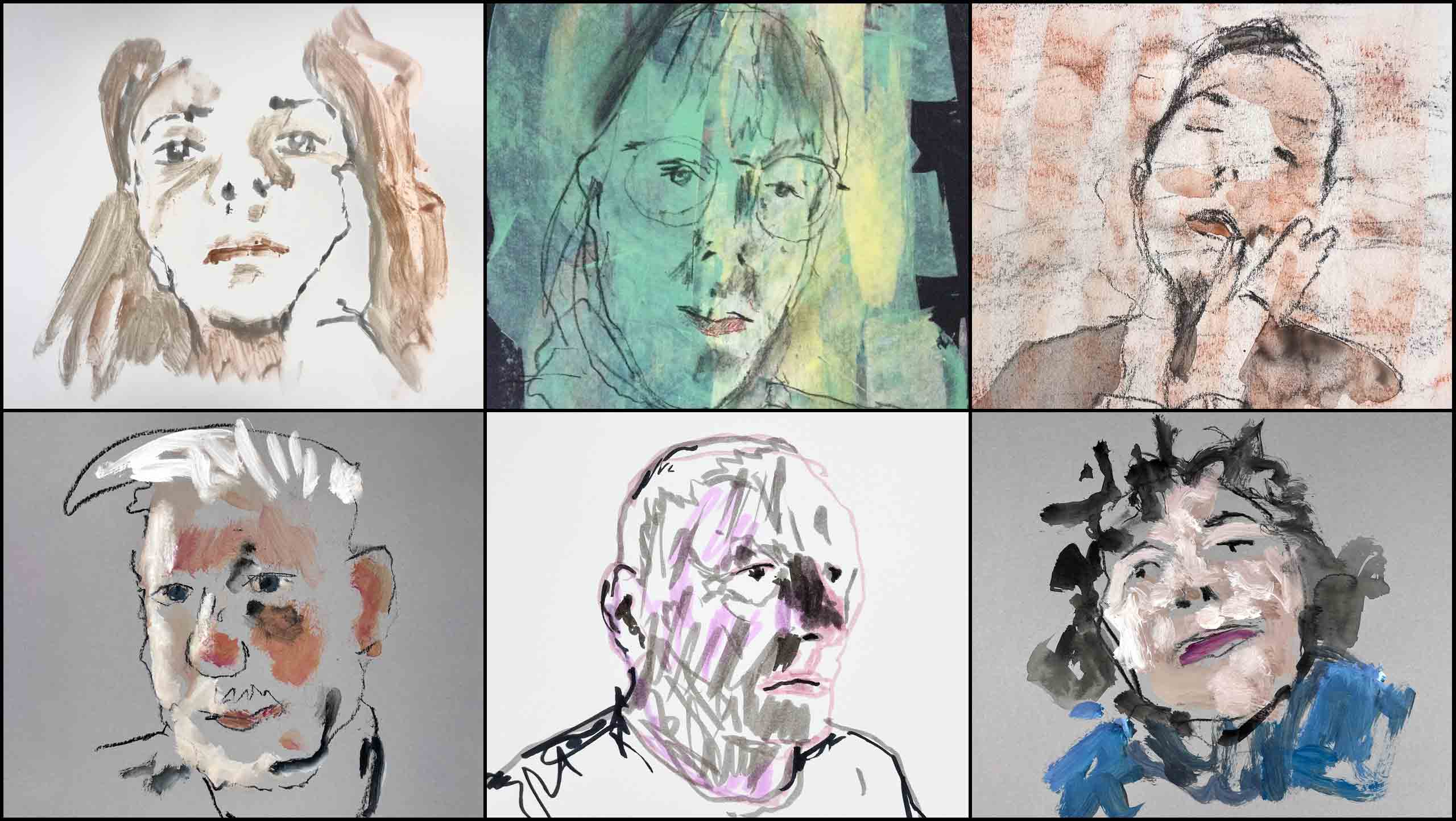 A grid of 6 portrait drawings showing drawings made with DrawingisFree at online Zoom drawing sessions