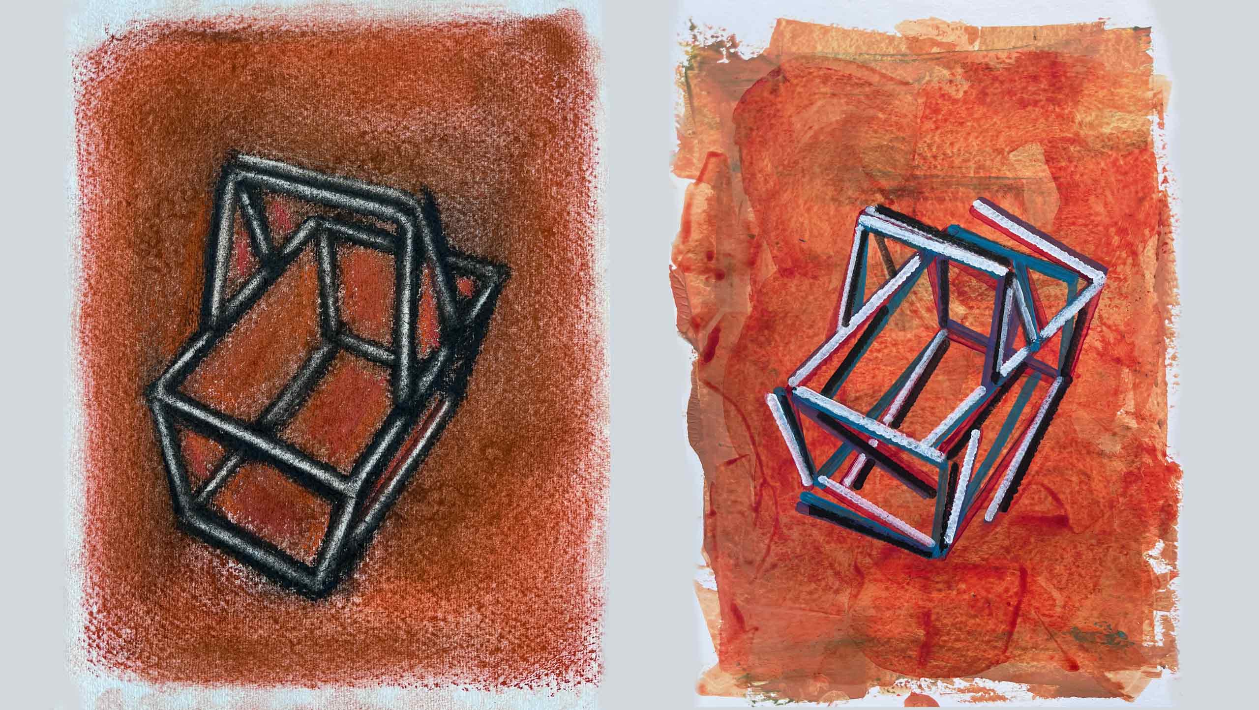A drawing and a painting of the wireframe of a supermarket shopping basket, both on red backgrounds