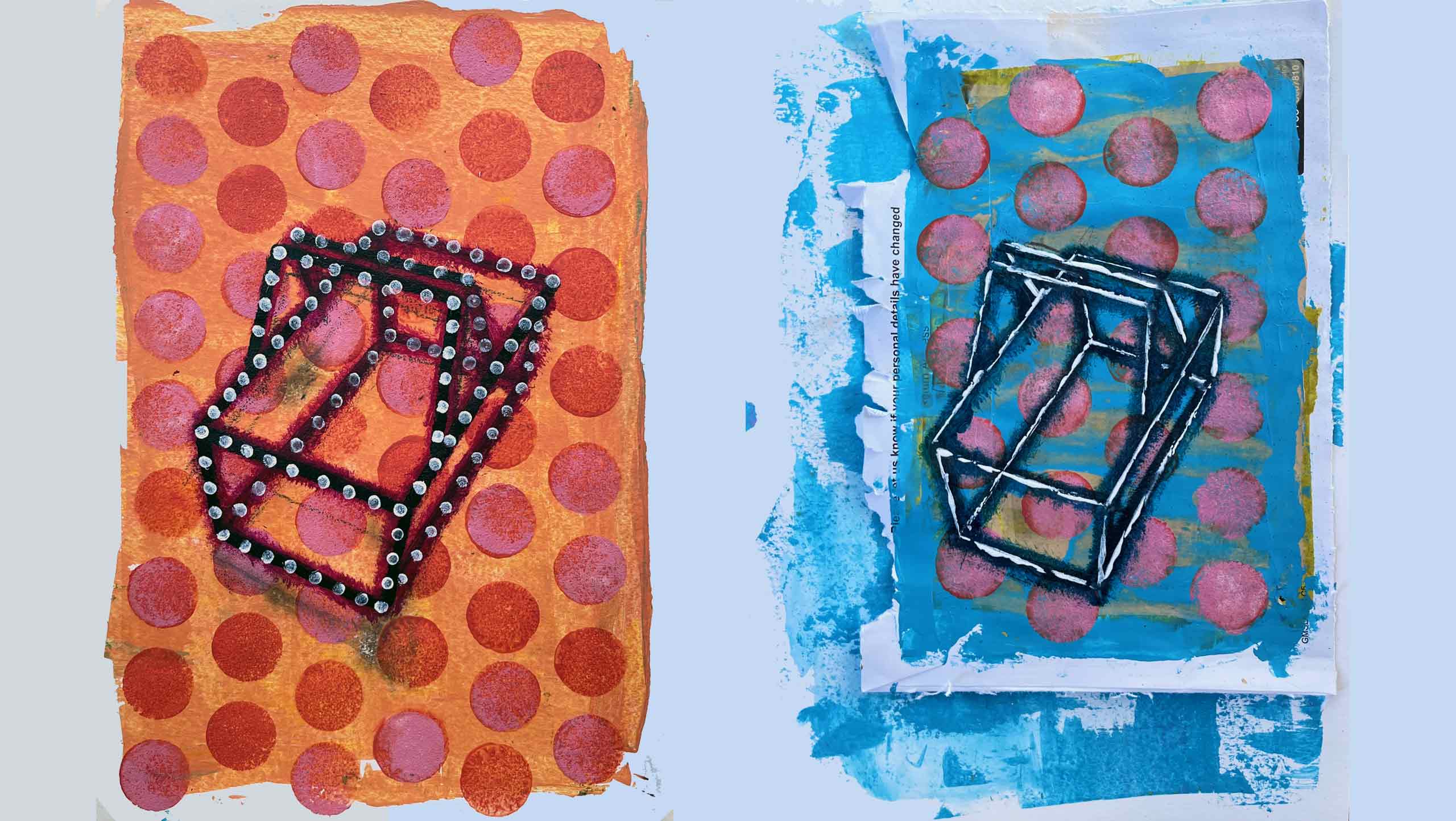 Two paintings of the wireframe of a supermarket shopping basket. On the left is a black frame lined in white dots in the manner of the lights on a blackpool tram. On the right is another smaller black frame highlighted very roughly as if it was made of chrome and this ones on a blue and pink spotted background..