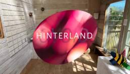Hinterland logo variant 9 over a photograph of the Ovoid studio / project space / gallery in a garden in Ovingdean near Brighton.