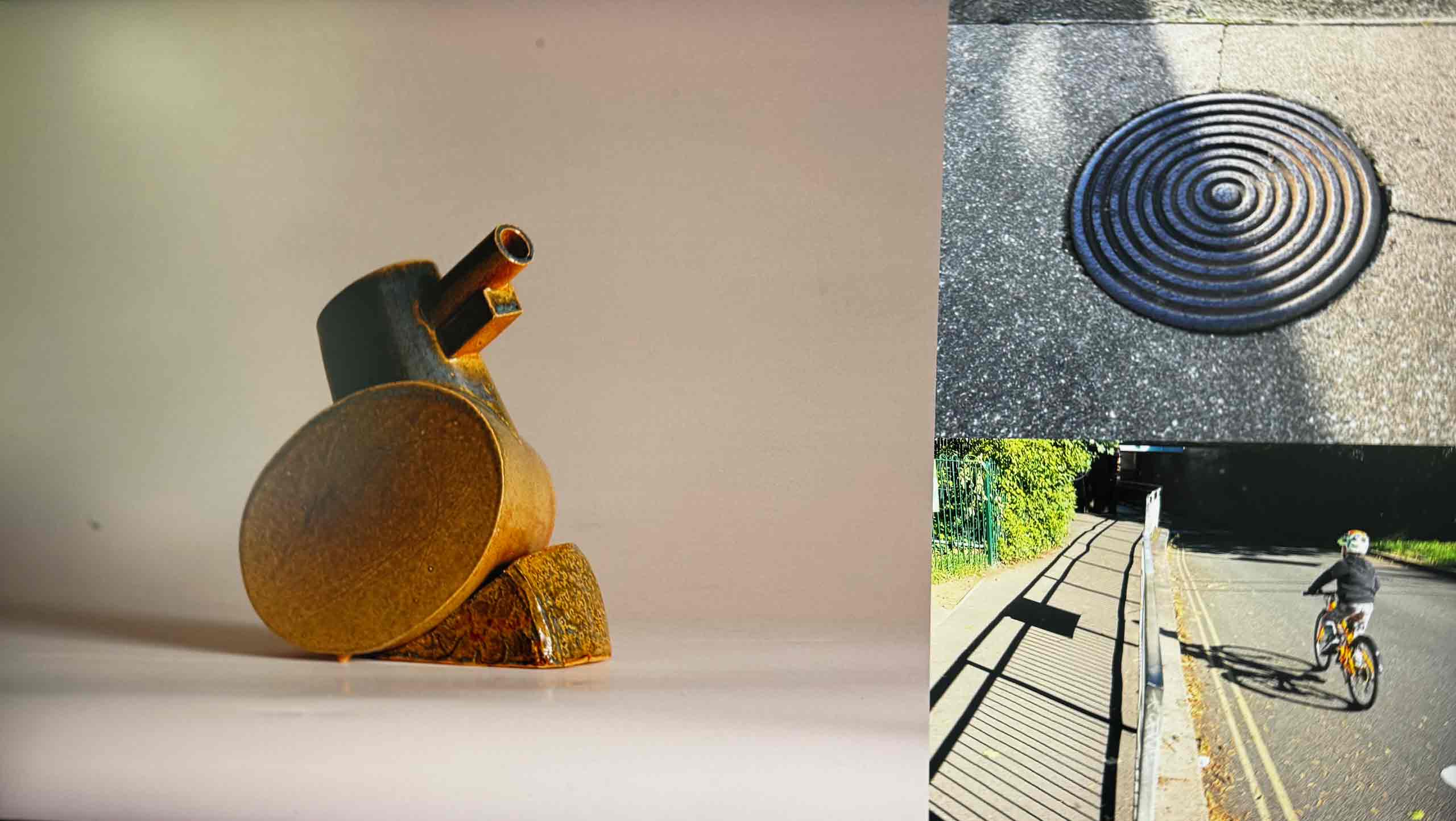 On the right is a photo of a stylised ceramic tank. Top right is a photo of a cast iron coal hole cover in Brighton, half of it is in sunlight, half in shadow. Bottom right is a shot of a boy on a bicycle about to ride under a bridge. A photograph of a sceensaver made by the Apple screensaver app using favourite images from my photo library