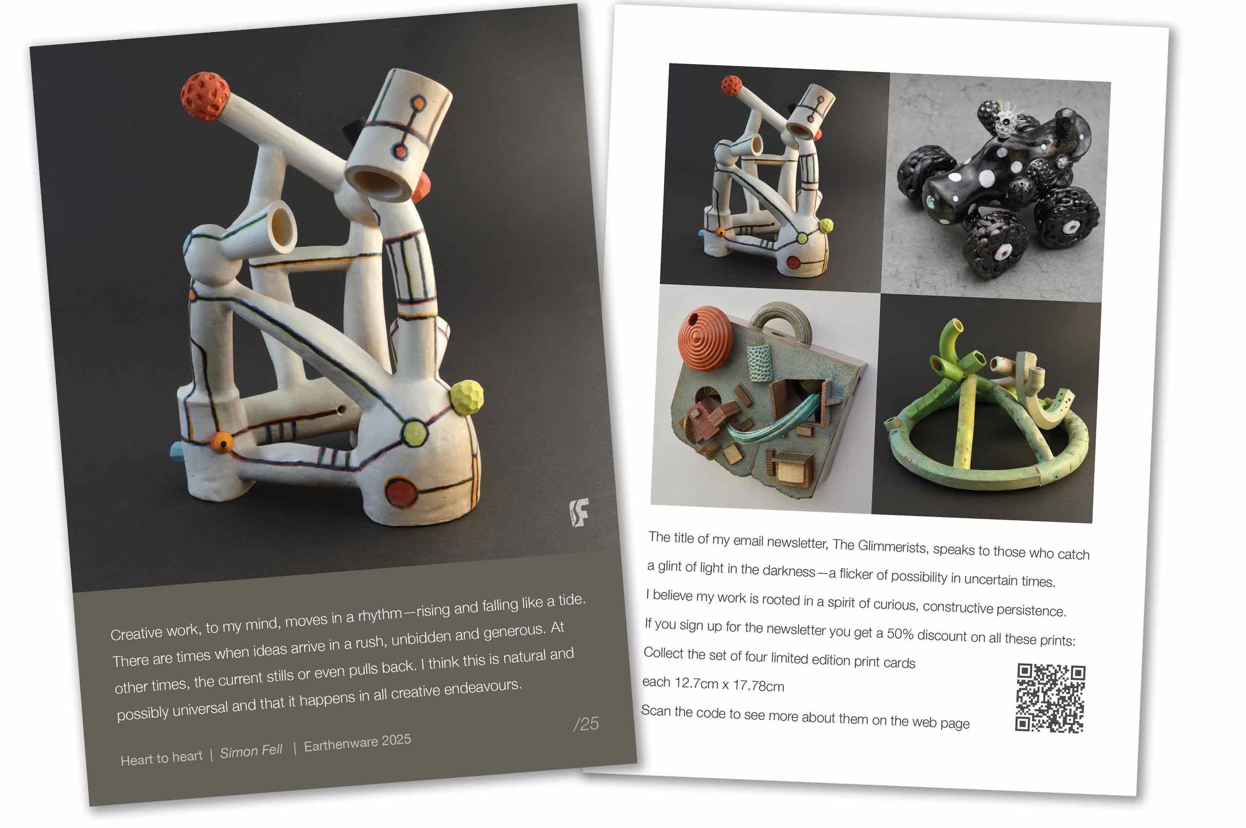 An image showing both sides of a Limited Edition Print card showing the ceramic sculpture by Simon Fell and a set of four images on the back with some text on a white background with a QR code bottom right