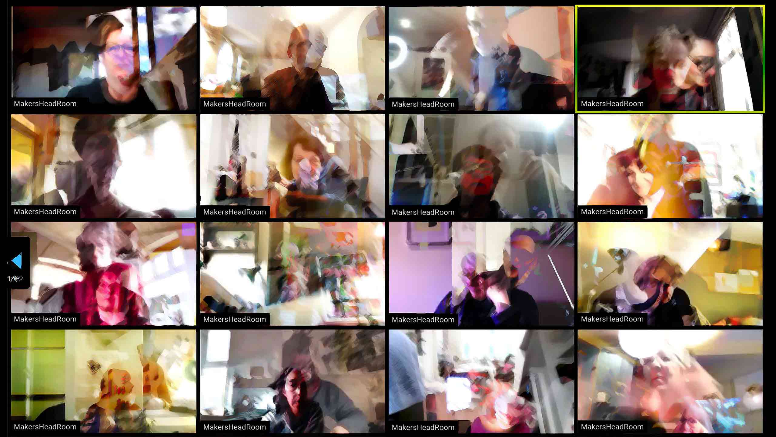 A modified representation of Makers HeadRoom in session. This image of nine people in a Zoom session is modified in Photoshop to make the participants less recognisable and make the image more like a digital painting