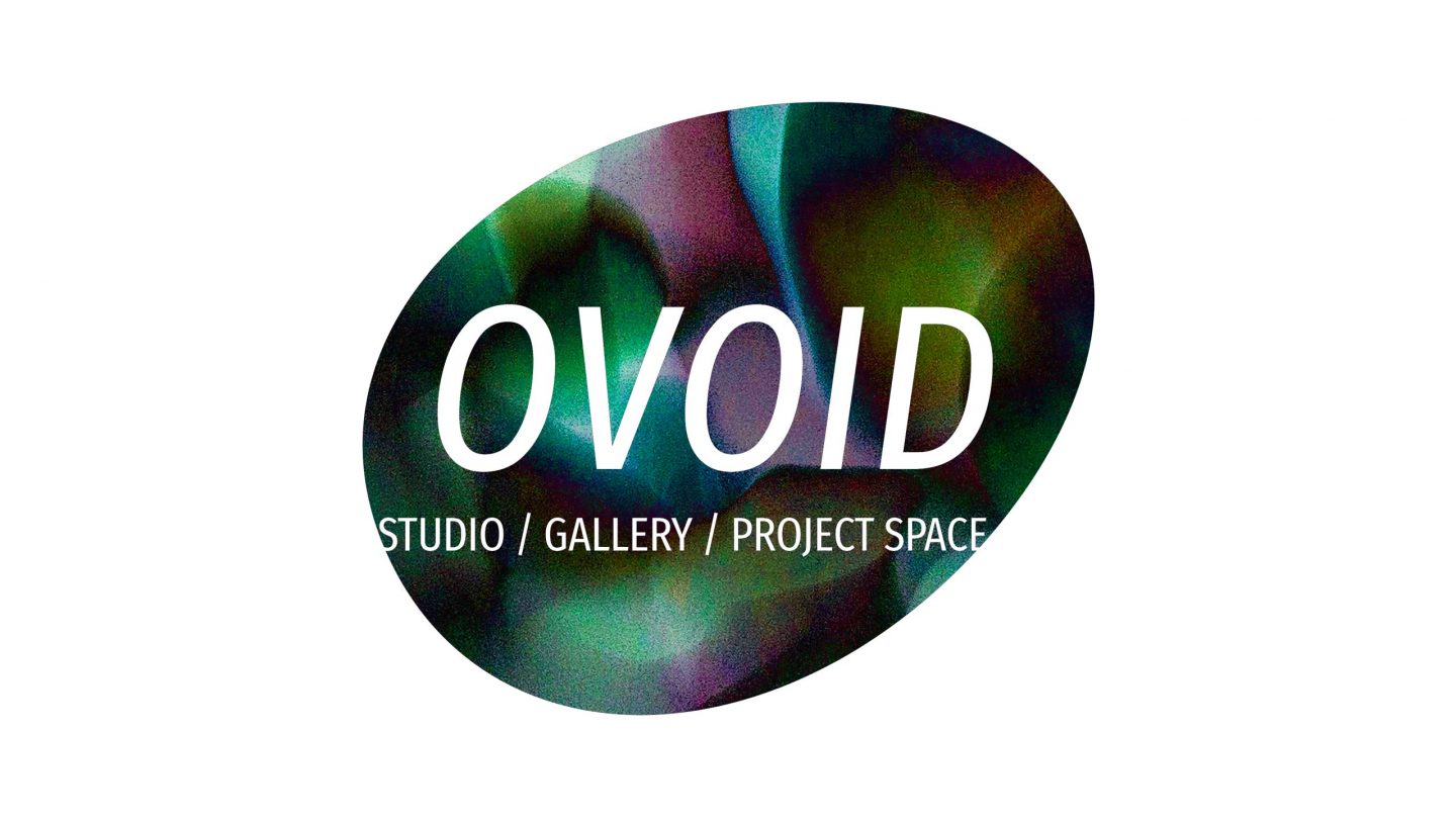Ovoid logo variant 4 for Ovoid studio / project space / gallery in Ovingdean near Brighton. An egg shape angled at about 30 degrees with the word 'Ovoid' horizontally across the middle.