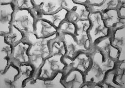 charcoal drawing of many men somehow standing on each others shoulders and networked through their outstretched limbs